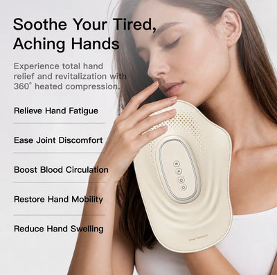 Warmhand hand massager worn on hand during a heat and compression session